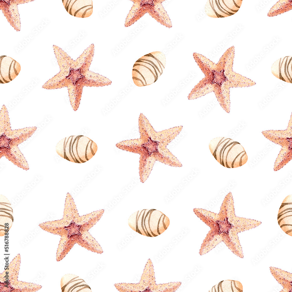 Watercolor seamless pattern of starfish. Marine surface design. Watercolor seamless pattern of starfish. Marine surface design.