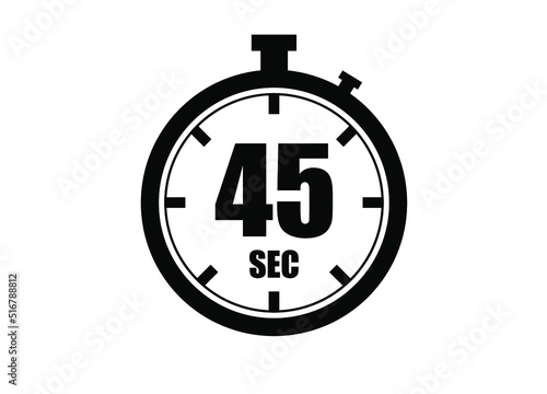 45 Seconds timers clock. Time measure. Chronometer vector icon black isolated on white background.