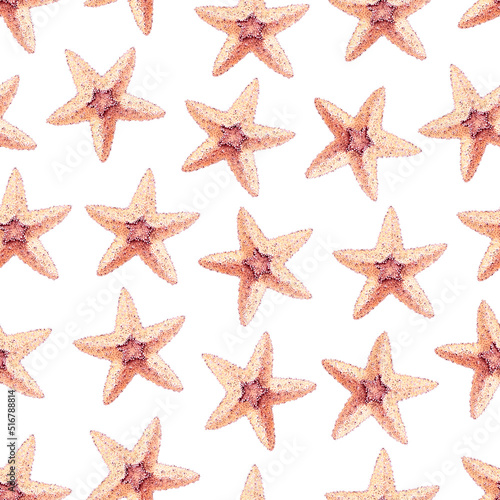 Watercolor seamless pattern of starfish. Marine surface design.