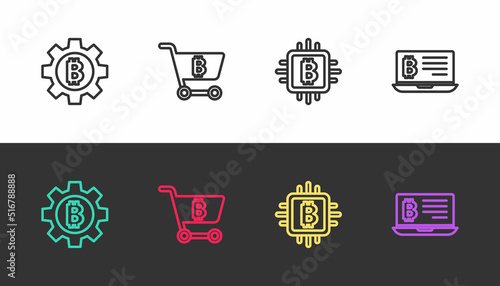 Set line Cryptocurrency coin Bitcoin, Shopping cart with bitcoin, CPU mining farm and Mining from laptop on black and white. Vector