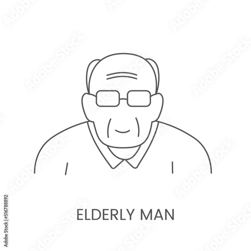 Elderly man in vector, linear icon for nursing home.