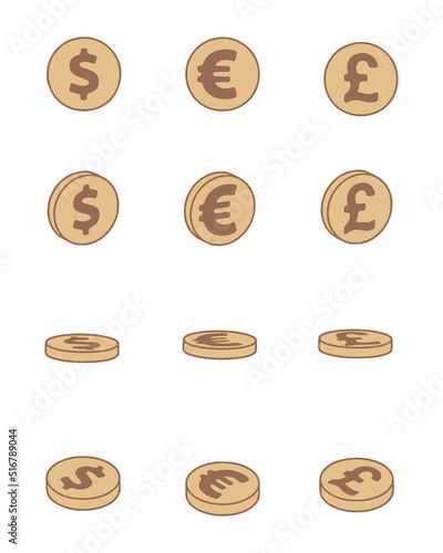 Vector set of dollar, euro and pound sterling coins in cartoon style. Finance and banking clip art.