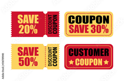 Coupon sale, offers and promotions vector template. Discount coupon, ticket, banner. Vector sticker, label.