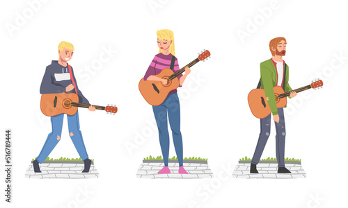 People Street Musician Character Playing Guitar and Singing Vector Set