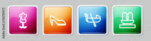 Set line Mannequin, Woman shoe, Gondola and Fountain. Colorful square button. Vector