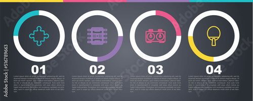 Set line Puzzle pieces toy, Hockey table, Time chess clock and Racket. Business infographic template. Vector
