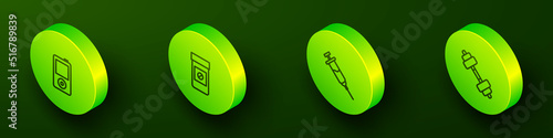 Set Isometric line Music player, Anabolic drugs, Doping syringe and Dumbbell icon. Vector