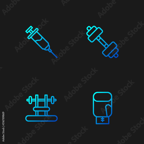 Set line Boxing glove, Bench with barbel, Doping syringe and Dumbbell. Gradient color icons. Vector