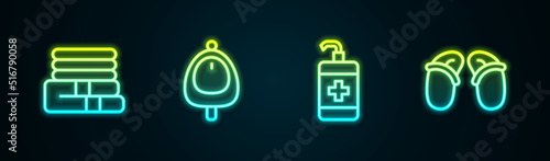 Set line Towel stack, Toilet urinal or pissoir, Hand sanitizer bottle and Flip flops. Glowing neon icon. Vector