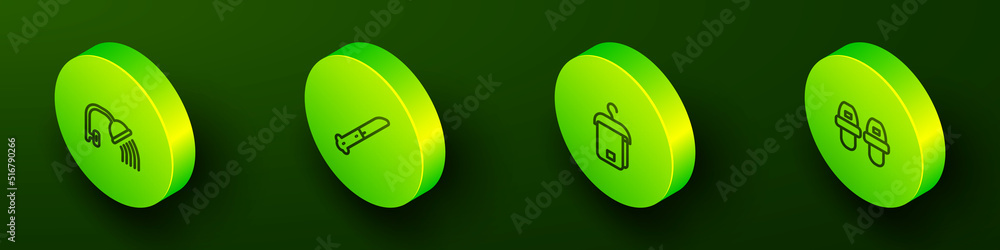 Set Isometric line Shower head, Knife, Towel on hanger and Hotel slippers icon. Vector Set Isometric line Shower head, Knife, Towel on hanger and Hotel slippers icon. Vector