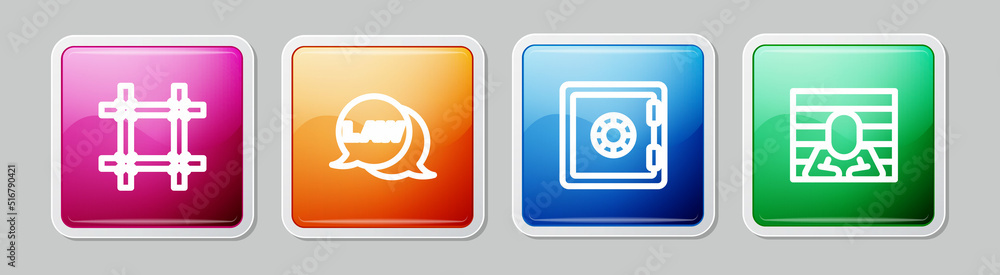 Set line Prison window, Law, Safe and Prisoner. Colorful square button. Vector Set line Prison window, Law, Safe and Prisoner. Colorful square button. Vector