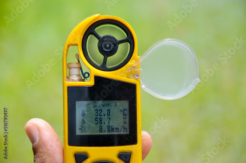 closeup anemometer or environmental meter for wind speed, humidity and temperature