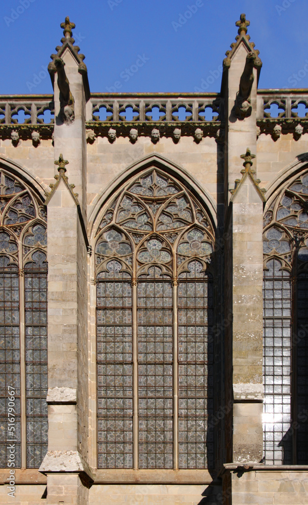 Pointed window with gothic tracery at the medieval church of St Nazaire in the old town of Carcassonne, Occitanie region in France
