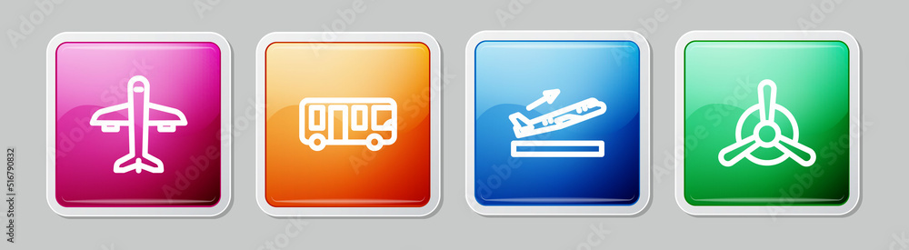 Set line Plane, Airport bus, takeoff and propeller. Colorful square button. Vector