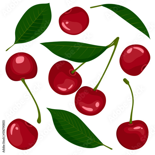 Set of cherry fruits and leaves isolated on a white background