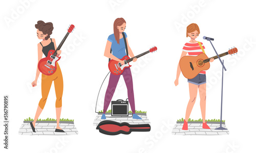 People Street Musician Character Playing Guitar and Singing Vector Set
