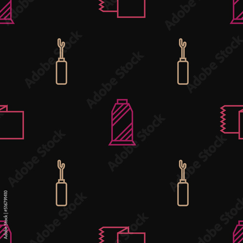 Set line Textile fabric roll, Awl tool and Sewing thread on spool on seamless pattern. Vector