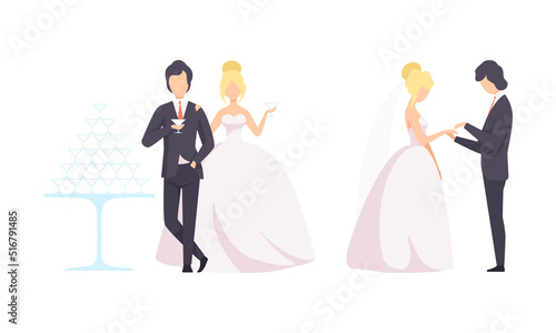 Newlyweds Couple as Just Married Male and Female in Wedding Dress and Suit Putting Ring and Drinking Champagne Vector Set
