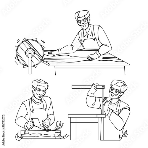 Joinery Man Working In Workshop With Tool Vector. Joinery Worker Work With Professional Instrument Saw And Planer At Workplace. Character Sawing Wooden Board black line illustration