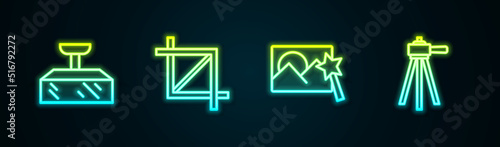 Set line Softbox light, Picture crop photo, Photo retouching and Tripod. Glowing neon icon. Vector