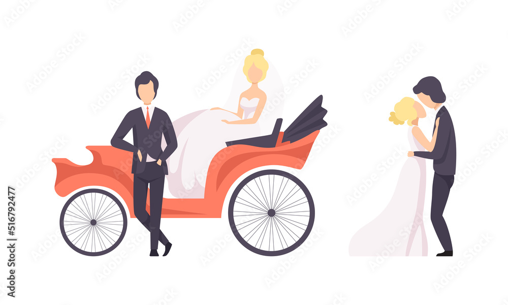 Newlyweds Couple as Just Married Male and Female in Wedding Dress and Suit Sitting in Carriage and Kissing Vector Set Newlyweds Couple as Just Married Male and Female in Wedding Dress and Suit Sitting in Carriage and Kissing Vector Set