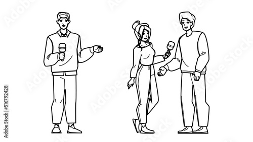 journalist interview vector. news tv, microphone press, media reportet, television communication journalist interview character. people black line pencil drawing vector illustration