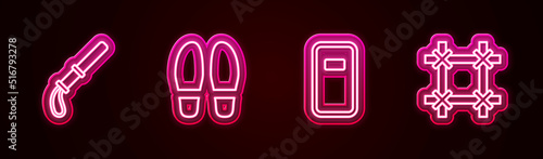 Set line Police rubber baton, Footsteps, assault shield and Prison window. Glowing neon icon. Vector
