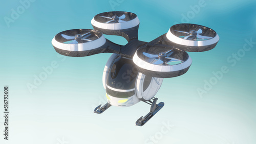 A white unmanned passenger drone taxi flying. 3D render 