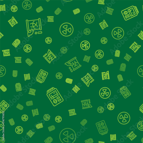 Set line Radioactive waste in barrel, Dosimeter and on seamless pattern. Vector