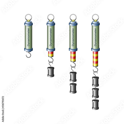 Dynamometer. Force measuring instrument. Set of four silvery cylindrical spring dynamometers with red pointers and various weights isolated on white background. Dynamometer for scientific purposes.