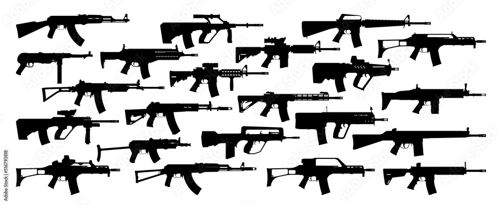 Weapons silhouette set. Collection of various assult rifles. Vector illustration Weapons silhouette set. Collection of various assult rifles. Vector illustration