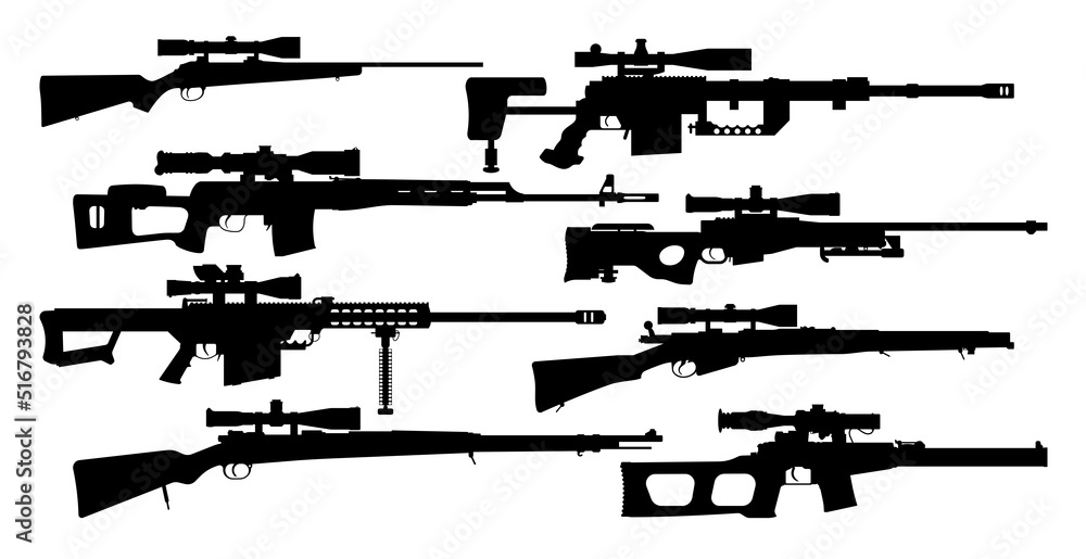 Weapons silhouette set. Collection of various sniper rifles. Vector illustration