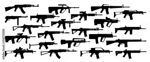 Weapons silhouette set. Collection of various assult rifles. Vector illustration