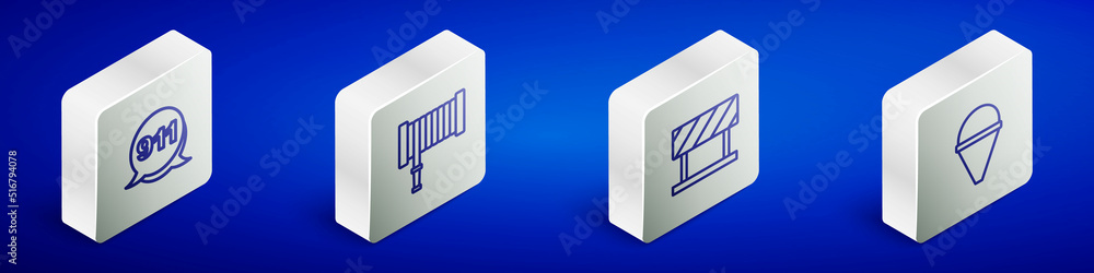 Set Isometric line Emergency call 911, Fire hose reel, Road barrier and cone bucket icon. Vector Set Isometric line Emergency call 911, Fire hose reel, Road barrier and cone bucket icon. Vector