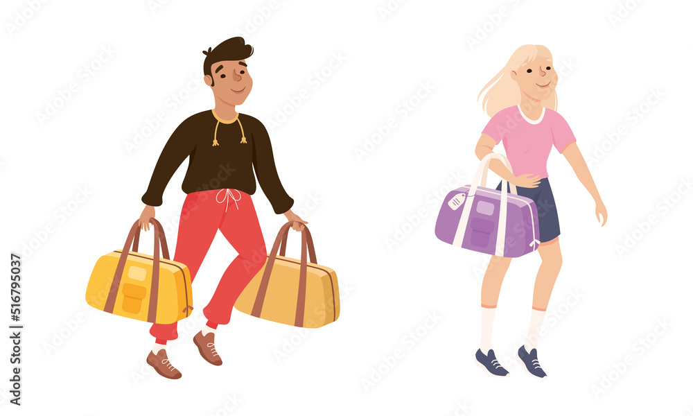 Man and Woman Tourist Character Carrying Bags and Luggage at the Airport Vector Set