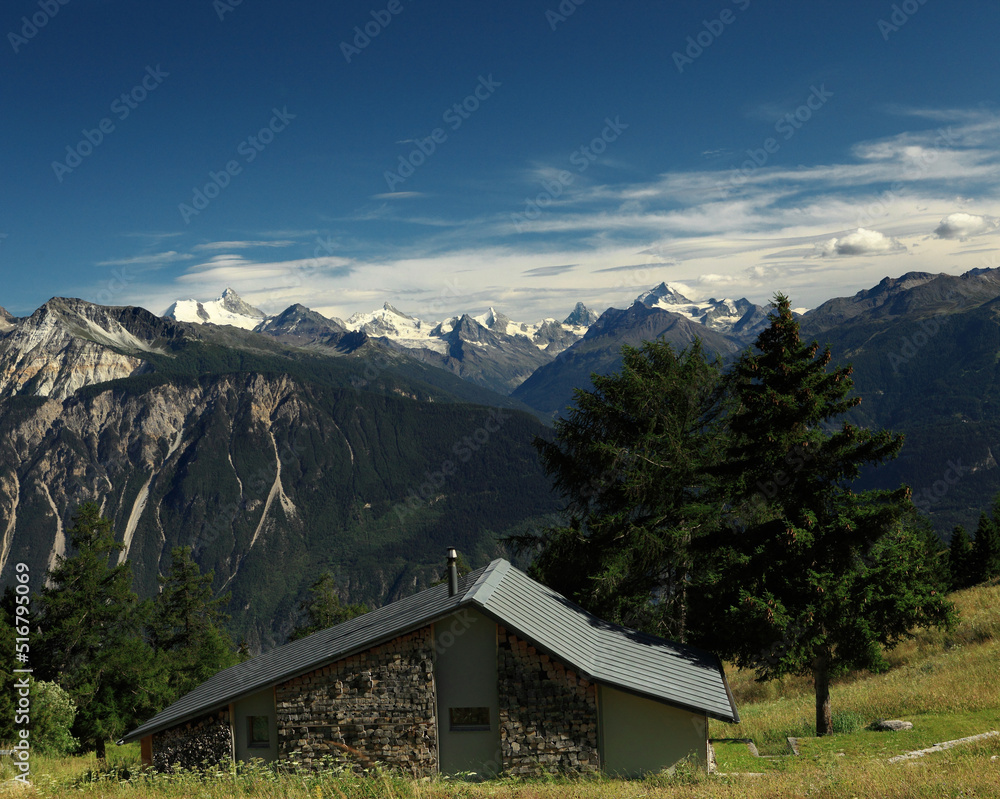 Panoramic view from Aminona-Sur-Sierre mountain village, Valais, Switzerland, Matterhorn, Weisshorn.