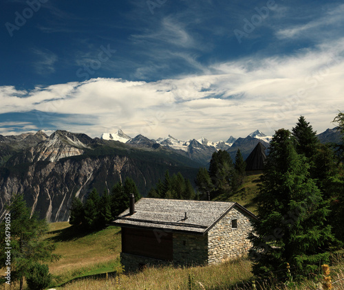Canvas Print Panoramic view from Aminona-Sur-Sierre mountain village, Valais, Switzerland, Matterhorn, Weisshorn