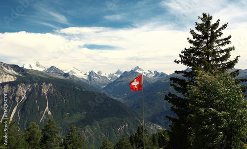 Canvas Print Panoramic view from Aminona-Sur-Sierre mountain village, Valais, Switzerland, Matterhorn, Weisshorn