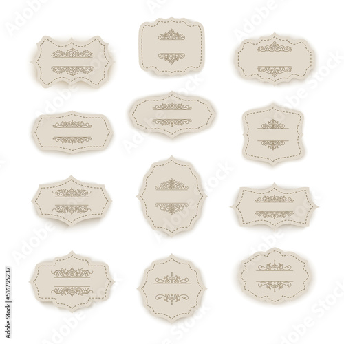 Blank white paper price tags or gift tags in different shapes. Set of labels with cord.