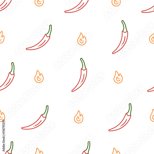 A line seamless pattern with chili peppers and flames of fire. Outline vector pattern with hot peppers.