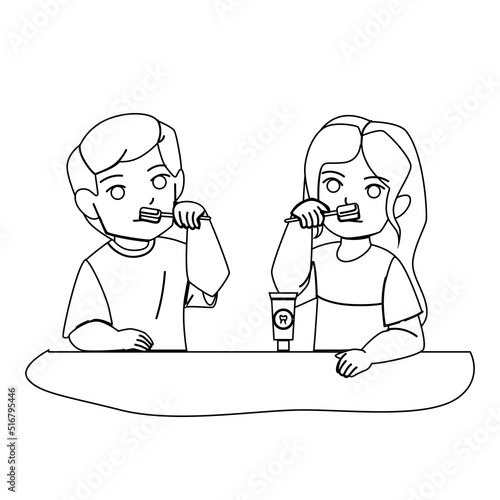 kid boy girl brushing teeth vector. toothbrush kindergarten, dental little baby, mouth care kid boy girl brushing teeth character. people black line pencil drawing vector illustration
