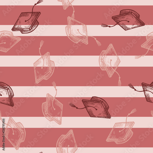 Graduate hats engraved seamless pattern. Vintage element education in hand drawn style.