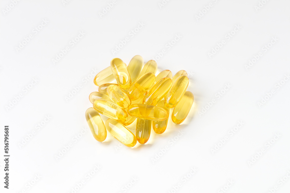 Omega3 fish oil pills isolated on white background, flat lay, top view. Omega3 fish oil pills isolated on white background, flat lay, top view.