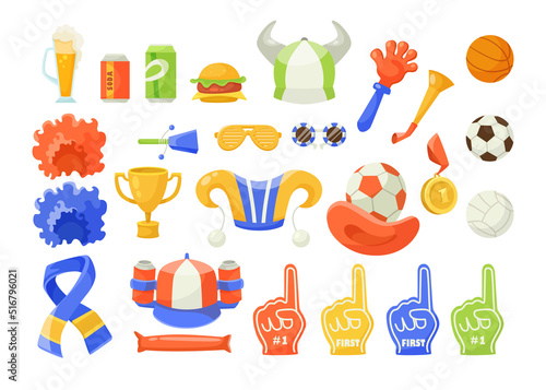 Equipment for sport team fans cartoon illustration set Foam hands, hats, flags, scarf, balls, gold medal and goblet, food and drinks. Sport team supporters accessories concept