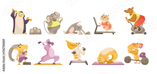 Animal characters doing sport cartoon illustration set. Cute pets lifting dumbbells, practicing yoga, running on treadmill, jumping rope, stretching, doing step-aerobics. Fitness, activity concept © PCH.Vector