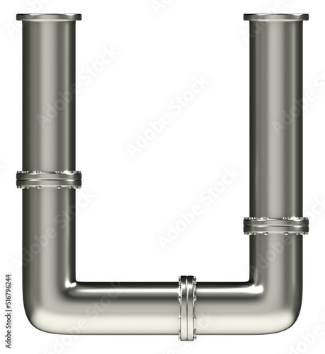 Letter U made of steel pipes, isolated on white, 3d rendering