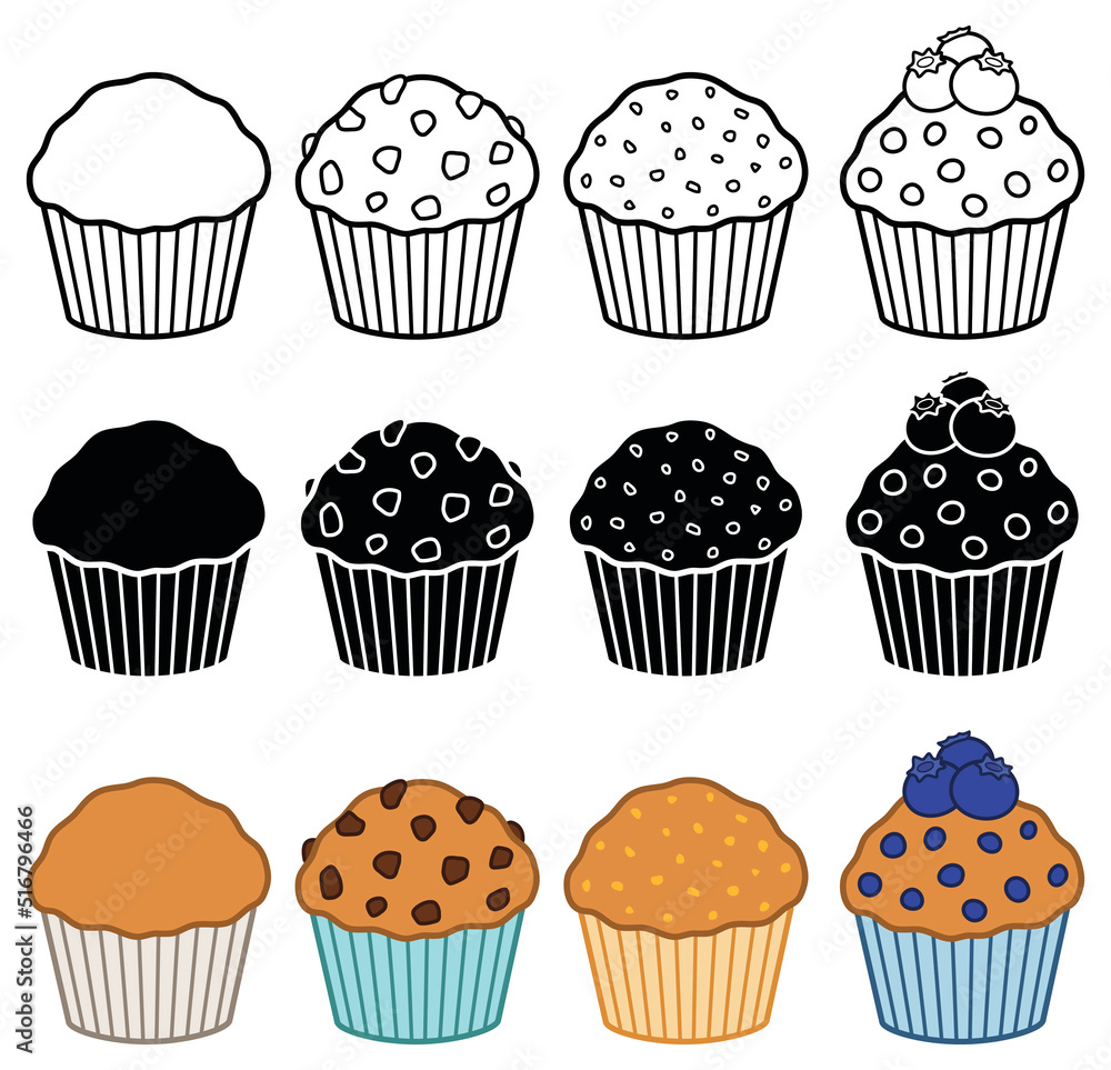 Muffin Clipart Set Outline, Silhouette and Color Stock Vector Adobe