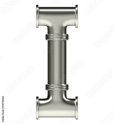 Letter I made of steel pipes, isolated on white, 3d rendering