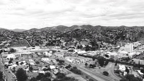 International border US Mexico, port of entry in Nogales, Arizona. Black and white drone 4k. photo