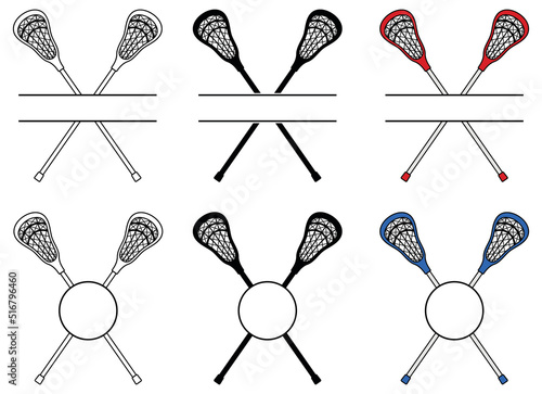 Lacrosse Stick Split Label Template Clipart Set - Outline, Silhouette and Color